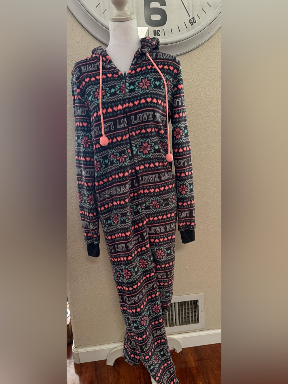 SO juniors Fleece One-Piece Pajamas - Black, Pink & Teal Snowflake Print